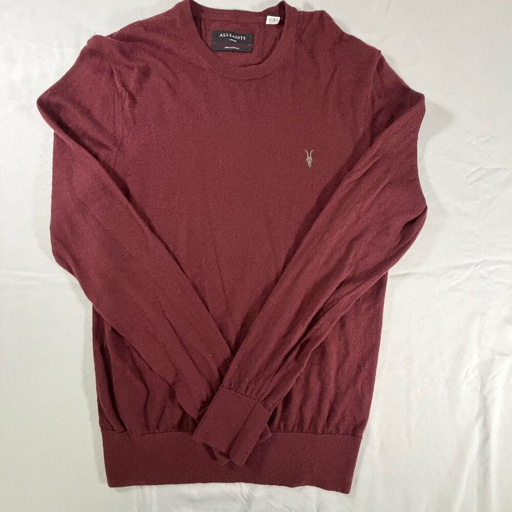 AllSaints Mens Merino Wool Knit Crew Pullover Sweater Sz L Burgundy Lightweight